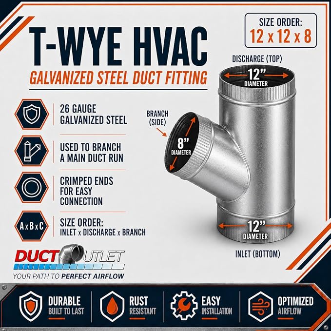 12" x 12" x 8" T-Wye HVAC Duct Fitting, 26 Gauge Galvanized Steel Round Duct - Image 2