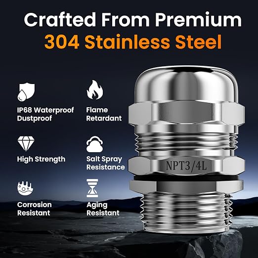 QILIPSU 2pcs 3/4" NPT 304 Stainless Steel Cable Gland Waterproof IP68 Metal - Image 2