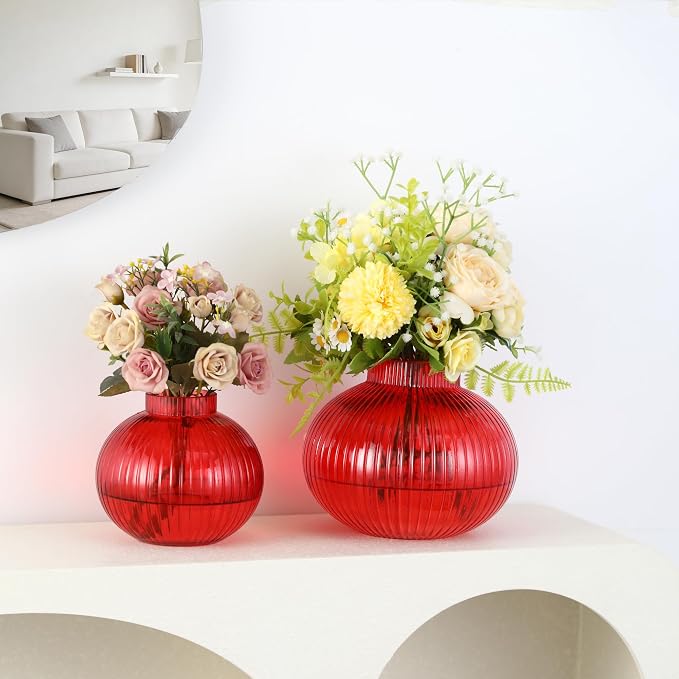 Red Glass Vases for Tulips, Flower Vases for Bouquet, Ribbed Glass Vase for - Image 5