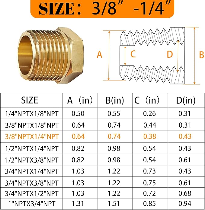 2 Pcs Brass Bushing 3/8" Male to 1/4" Female, 3/8" to 1/4" NPT Adapter Hex - Image 2