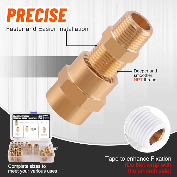 24Pcs Brass Pipe Fittings Hex Nipple Kit, 1/8" 1/4" 3/8" 1/2" NPT | 1/4 Inch - Image 4