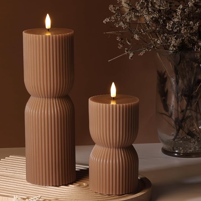Brown Ribbed Fall Flameless Pillar Candles - Image 9