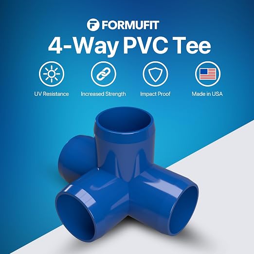 1” 4-Way Tee Furniture Grade PVC Fitting in Blue, Made in USA, UV-Resistant - Image 2