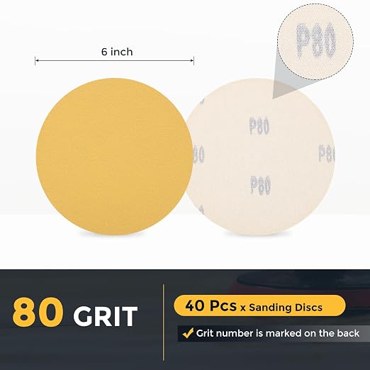 HARFINGTON 40 Pcs 6 Inch Sanding Discs 80 Grit Yellow Aluminum Oxide | Hook and - Image 2