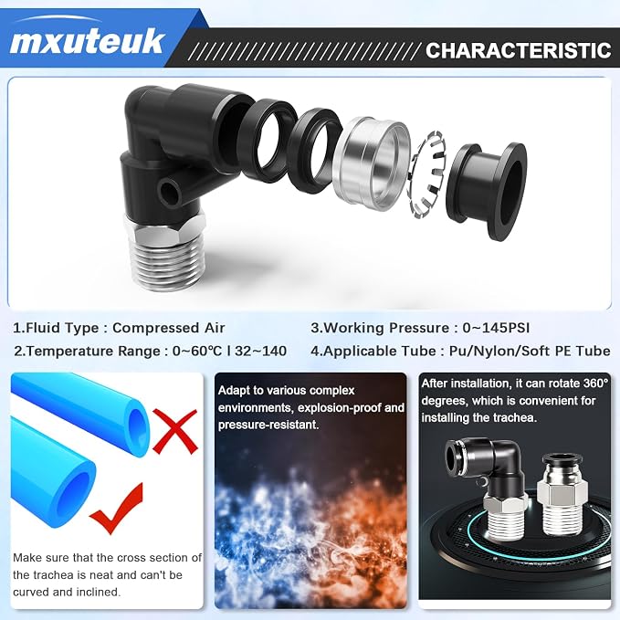 mxuteuk Push to Connect Fittings, 1/4" OD to 1/8" NPT Air Hose Fittings - Image 4
