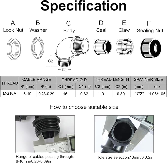 M16 Cable Gland, 90 Degree Adjustable 6-10mm Strain Relief, Cord Connectors - Image 2
