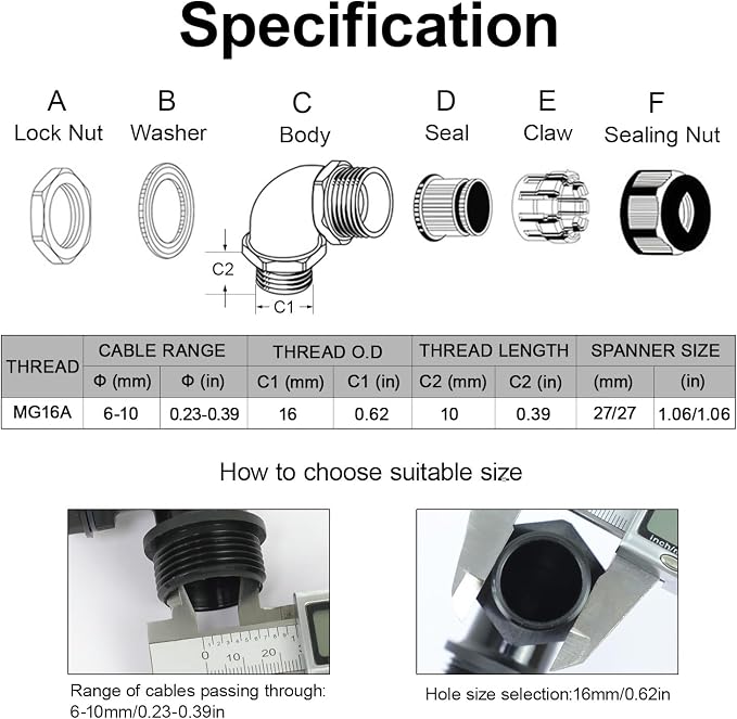 M16 Cable Gland, 90 Degree Adjustable 6-10mm Strain Relief, Cord Connectors - Image 2