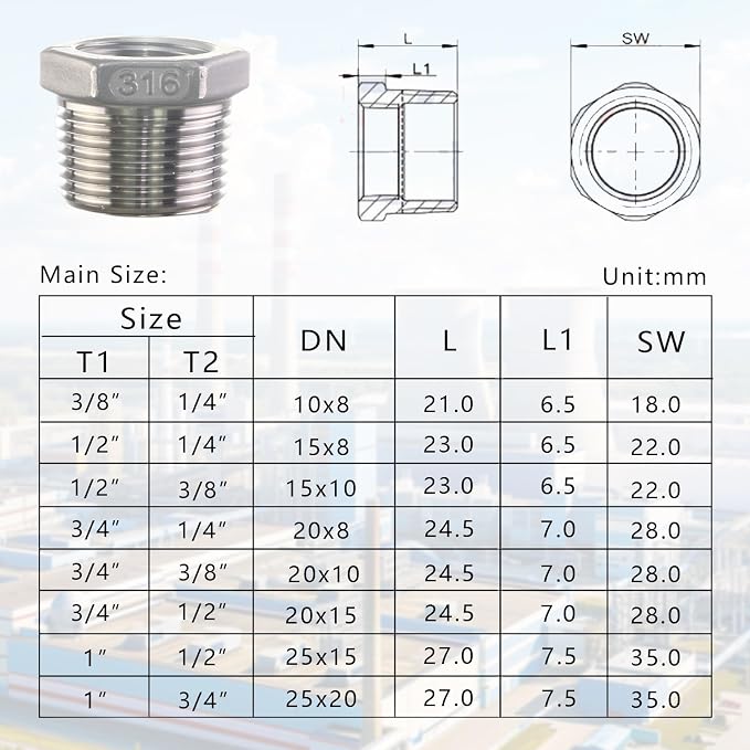 316 Stainless Steel Hex Bushing Reducer, 3/4" NPT Male to 1/2" NPT Female Pipe - Image 6