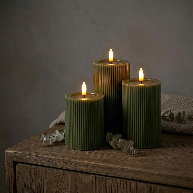 Ribbed Fluted Real Wax Flameless LED Pillar Candles, Loden Sage Olive Green - Image 3