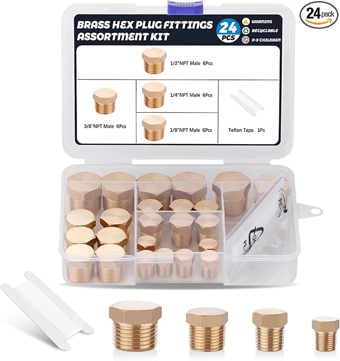 24PCS Brass Hex Pipe Plug Fittings, 1/8" 1/4" 3/8" 1/2" NPT Male | 1/8 Inch by Ailbiuko