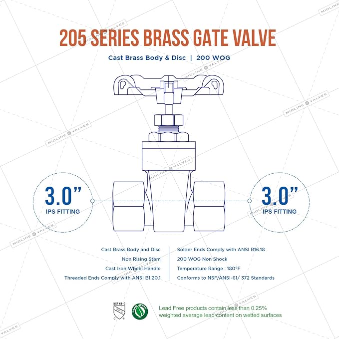 Midline Valve 427U225-5 Gate Valve, Lead Free, 3 in. FIP Connection, Cast Brass - Image 6