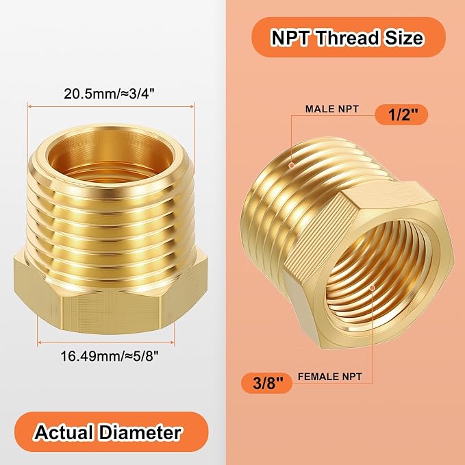 4 Pack Male to FeMale Adapter, 1/2" NTP Male x 3/8" NTP Female Threaded Brass - Image 2