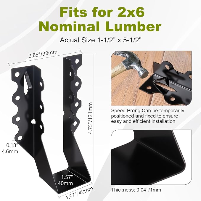 25 Pcs 2x6 Joist Hangers for Wood, 20 Gauge Black Powder Coating Face Mount - Image 2