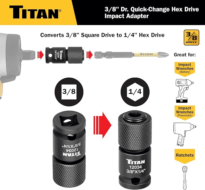 Titan 12034 3/8" Drive to 1/4" Hex Drive Quick Change Adapter - Image 2