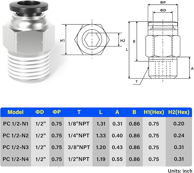 TAILONZ PNEUMATIC Male Straight 1/2 Inch Tube OD x 1/4 Inch NPT Thread Push to - Image 2