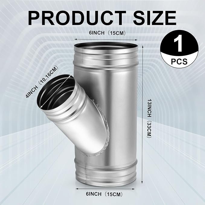 Yaocom 6 x 6 x 4 Inch 45 Degree Galvanized Duct Wye Connector, 3 Way Round - Image 2
