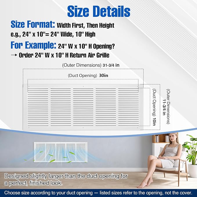 Fancat 30x10 Steel Return Air Grille, HVAC Vent Cover, 0.7cm Overall Depth - Image 3