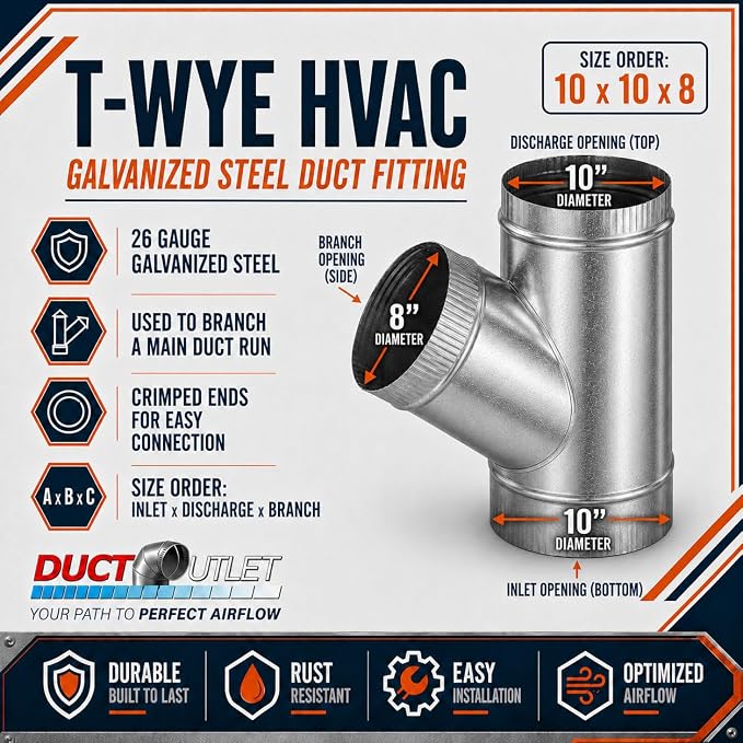 10" x 10" x 8" T-Wye HVAC Duct Fitting, 26 Gauge Galvanized Steel Round Duct - Image 2