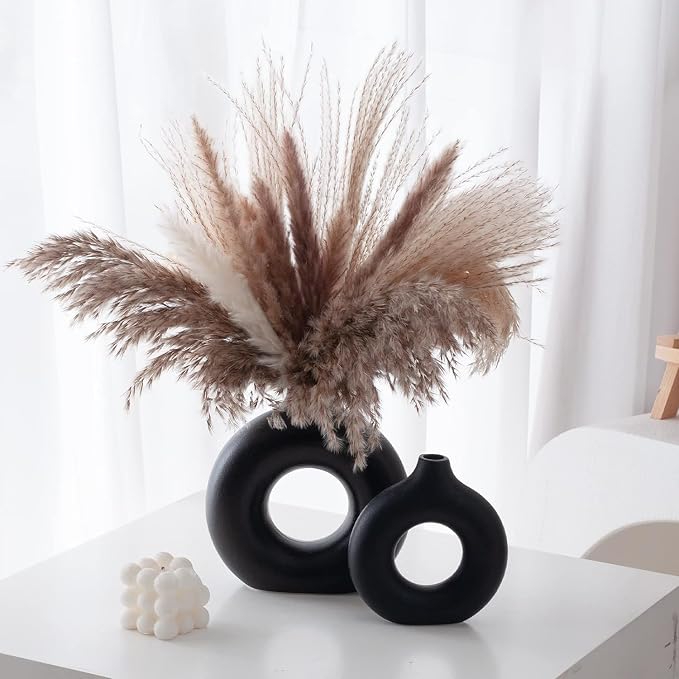 Black Ceramic Donut Vase Set of 2, Big Hollow Round Matte Pampas Flower Vases - Image 4