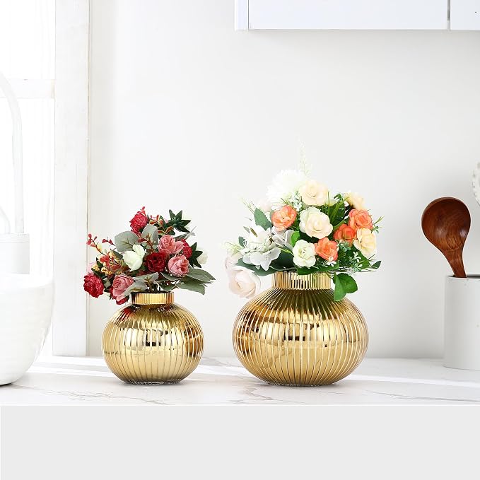 Gold Glass Vases for Tulips, Flower Vases for Bouquet, Ribbed Glass Vase for - Image 5