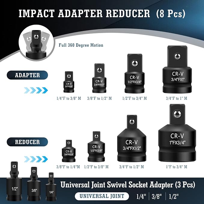 11PCS Impact Socket Adapter and Reducer Set, 1/4" 3/8" 1/2" 3/4" 1" Inch Square - Image 2