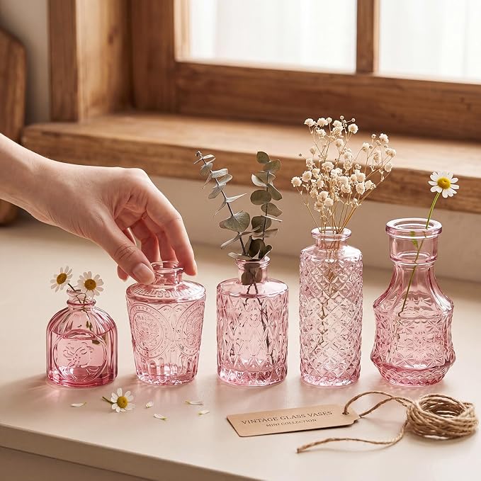 Clear Pink Glass Bud Vase Set of 14 Pcs, Small Bud Vases in Bulk, Glass Crystal - Image 2