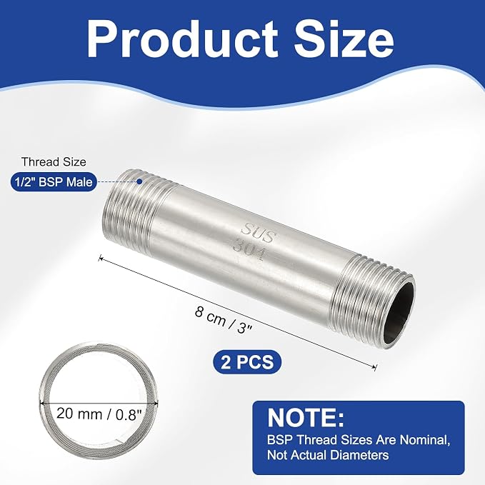 PATIKIL 304 Stainless Steel Pipe Fitting, 2 Pack 1/2" BSP Male x 1/2" BSP Male - Image 2