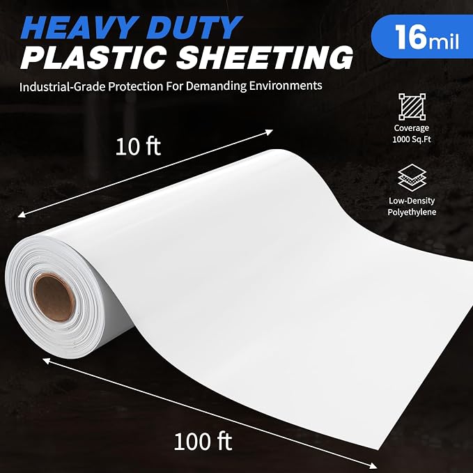 White Plastic Sheeting, 16 Mil 10' x 100', Crawl Space Vapor Barrier, Plastic - Image 6