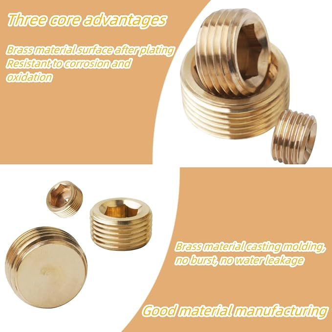 18PCS 1/8" NPT Brass Male Pipe Plug Fitting Hex Counter Sunk Pipe Plug - Image 3