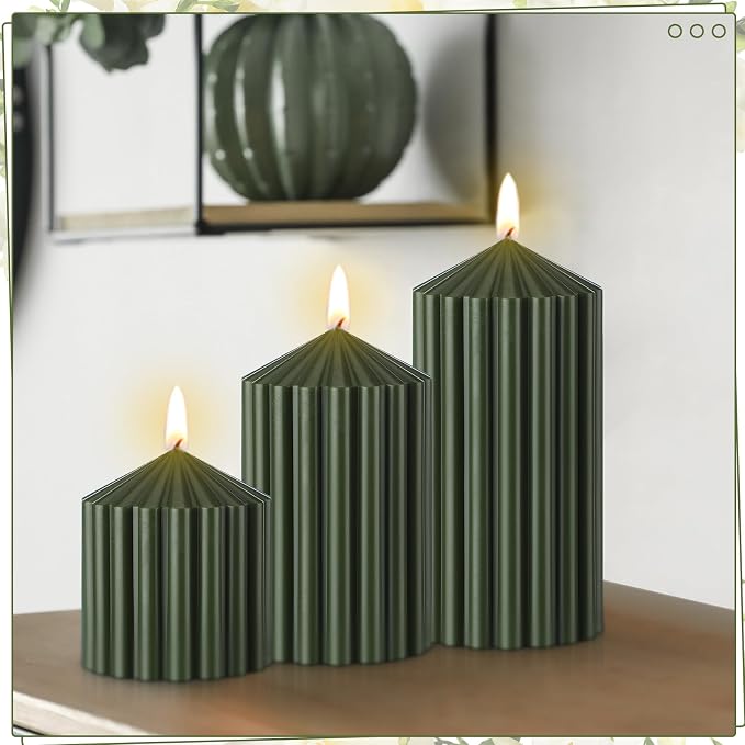 Conelist Set of 3 Moss Green Ribbed Pillar Candles Soy Wax Scented Candles | 2.8 - Image 7