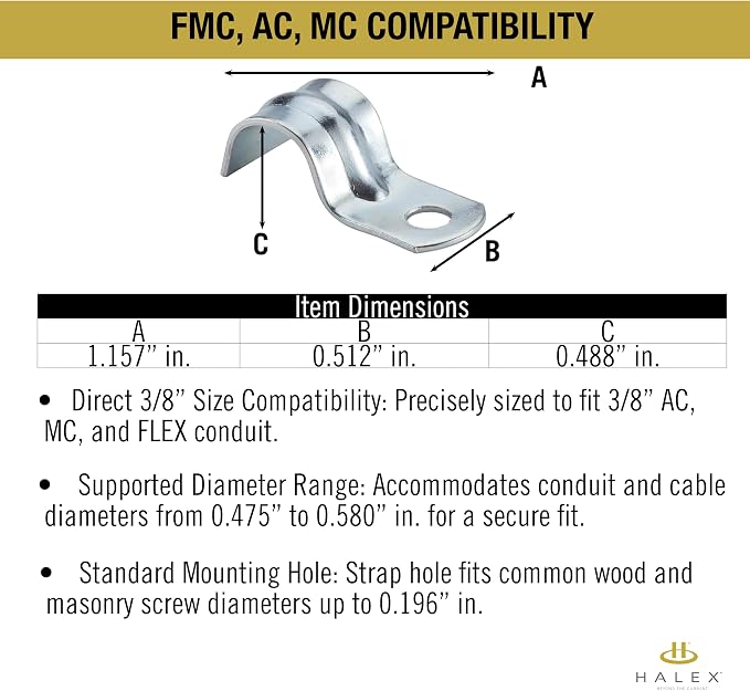 Halex 3/8 in. Flexible Metal Conduit Strap, One Hole, FMC AC MC metal conduit - Image 2