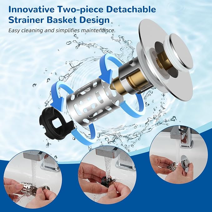 Hibbent 3 PCS Upgraded 3 in 1 Bathroom Sink Drain Strainer, Pop Up Stopper - Image 4