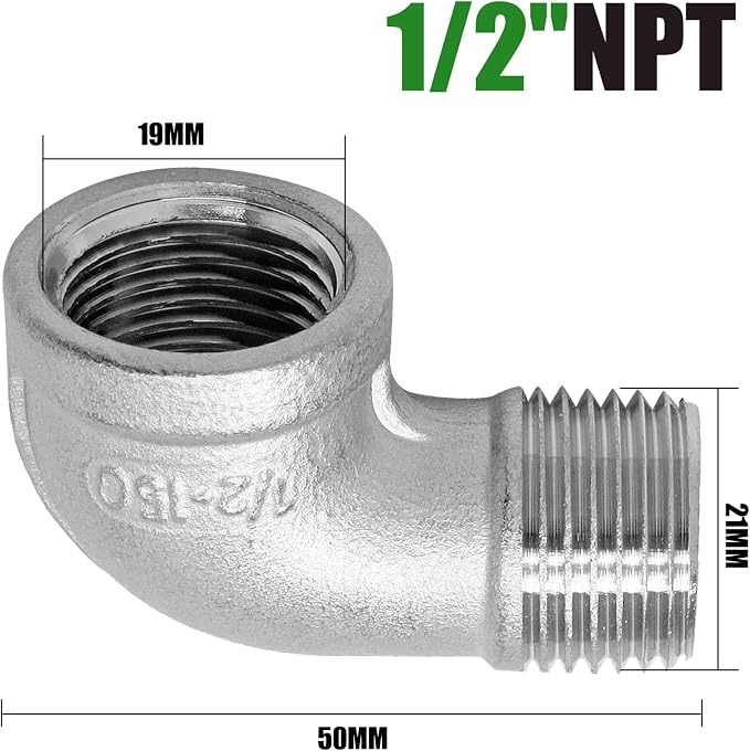2 Pack 304 Stainless Steel Elbow, 90 Degree, 1/2 Inch NPT | Male and Female - Image 3