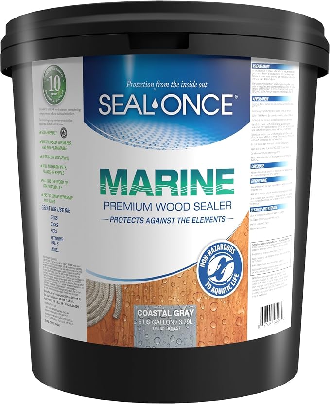 SEAL-ONCE Marine Waterproof Wood Sealer and Stain, Coastal Gray, 5 Gallon | by SEAL-ONCE