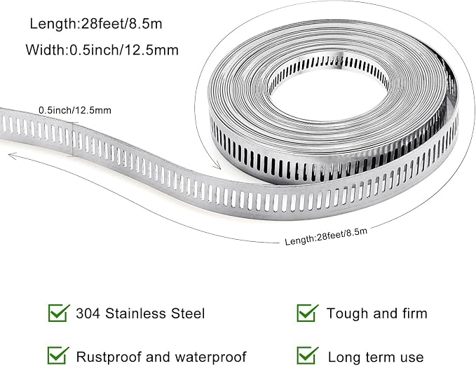 Hose Clamps, DIY 28 FT Metal Strap + 12 Fasteners, Hose Clamps Stainless Steel - Image 4