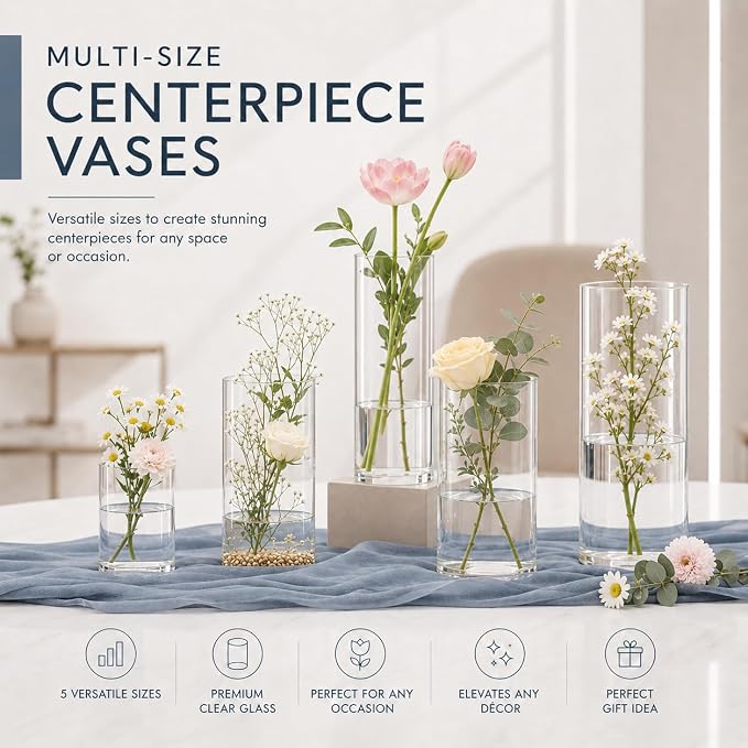 5pcs Glass Vase Cylinder Vases for Centerpieces 4, 10 Inch Tall Small Flower - Image 3
