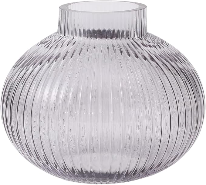 Black Glass Vase for Tulips, Ribbed Glass Vase for Flowers, Round Flower Vases by YANWE