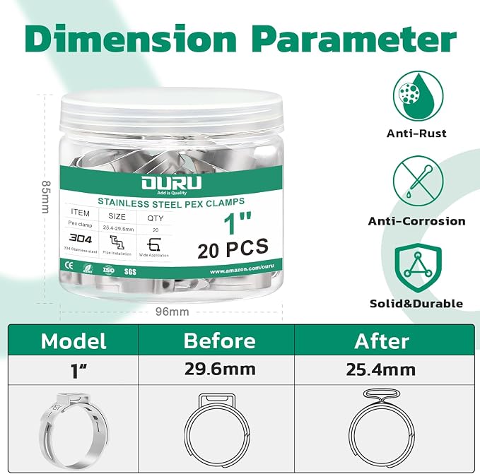 OURU 20PCS 1 Pex Crimp Rings, 304 Stainless Steel Pex Fittings | Leak-Resistant - Image 2