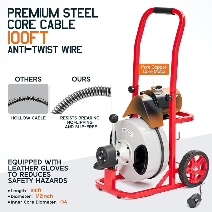 Albott 100 FT x 1/2 Inch Electric Drain Cleaner Machine | Auto-Feed Sewer Snake - Image 4