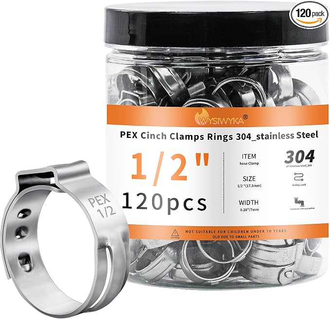 120pcs 1/2 inch PEX Cinch Clamps Rings, 304 Stainless Steel Pex Crimp Rings by WYSIYWYKA