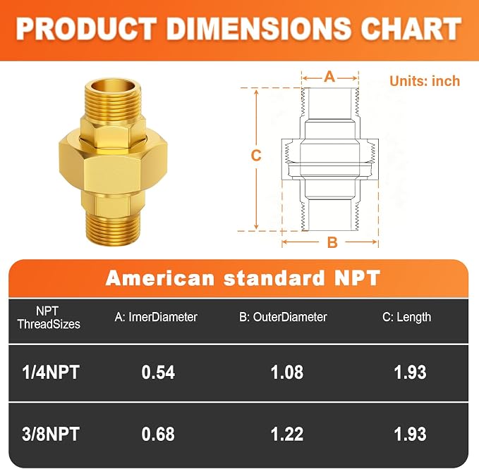GASHER 5PCS 3/8" MNPT Brass Union Pipe Fitting | 3/8 Inch Male x 3/8 Inch Male - Image 3