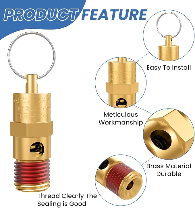 1/4" Male NPT Brass Safety Valve, 1 Pack | 125 PSI Pressure Relief - Image 3