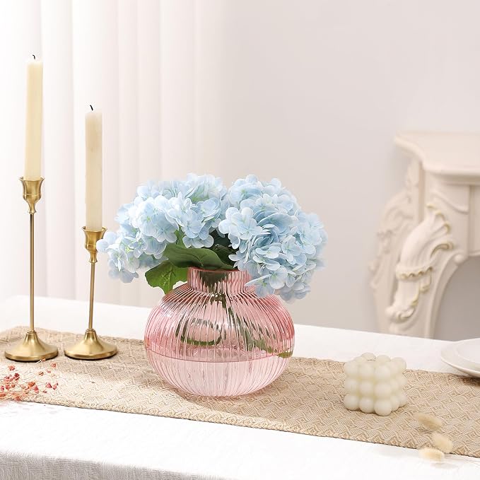 Pink Glass Vase for Tulips, Ribbed Glass Vase for Flowers, Round Flower Vases - Image 2