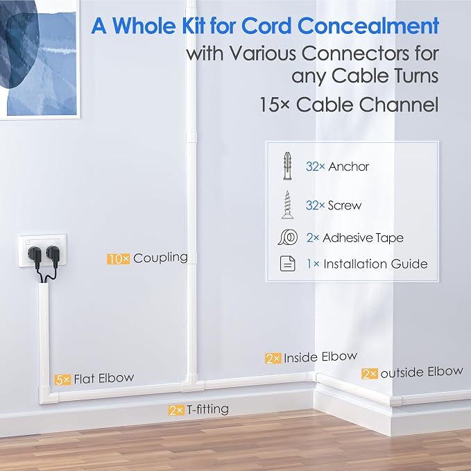 Yecaye TV Cord Hider Wall Mounted, 236in Cord Cover, W1.18in H0.6in, Wire Hiders - Image 3