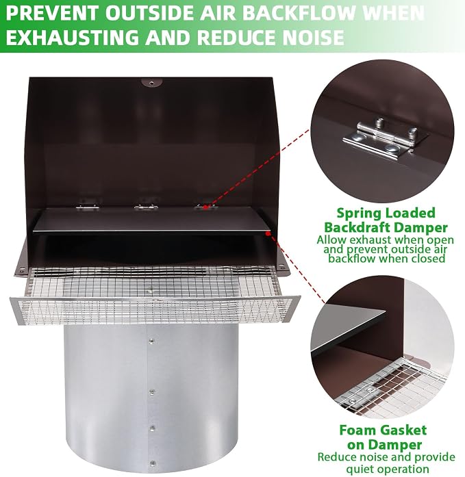 8 Inch Hooded Wall Vent with Screen and Damper, Outdoor Wall Exhaust Vent Cover - Image 4