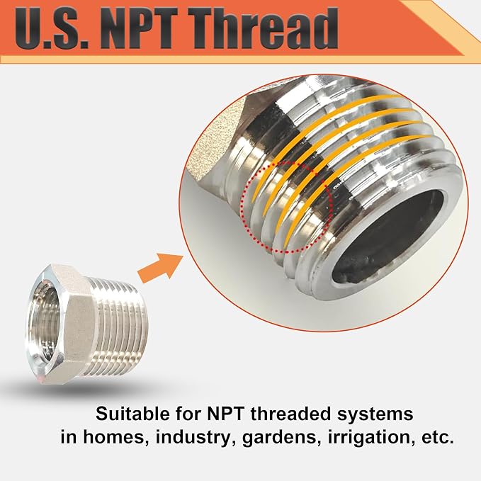1" NPT Male to 1/2" NPT Female Reducer Bushing, 304 Stainless Steel Pipe Hex - Image 3