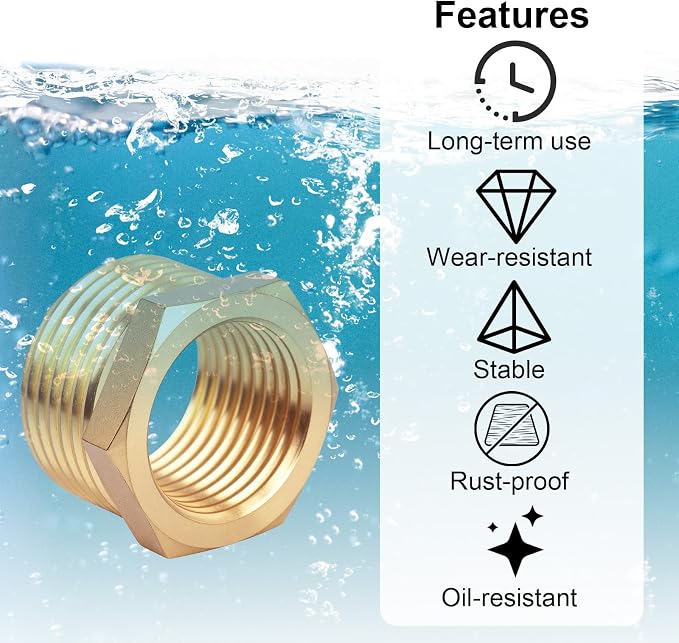 2pcs Brass Reducer Hex Bushing, 3/4" NPT Male to 1/2" NPT Female Adapter | - Image 5
