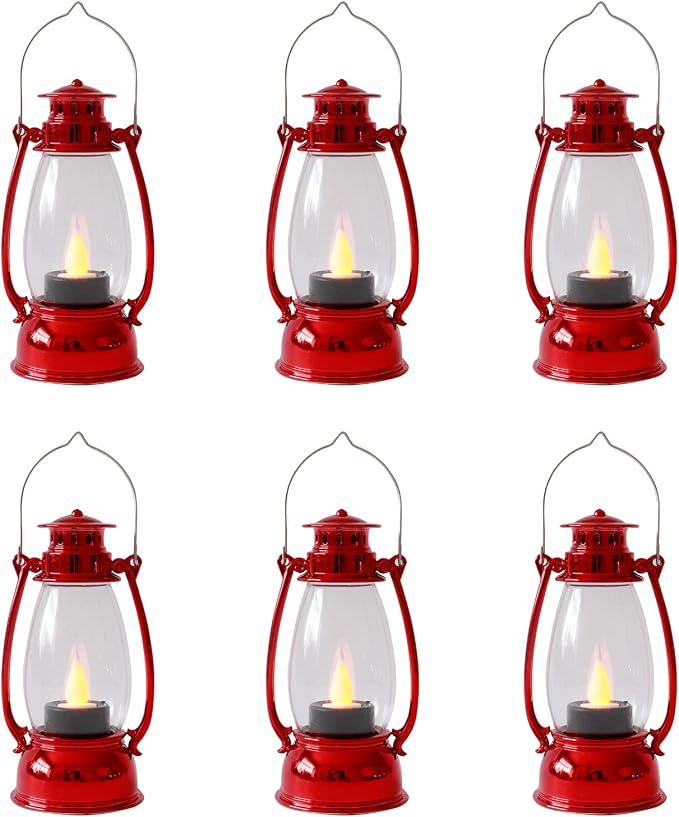 Red Mini Lanterns with Flickering LED Candle Lights, Vintage Small Western by ReperlaSpecialMiniSmallLanternDecoration
