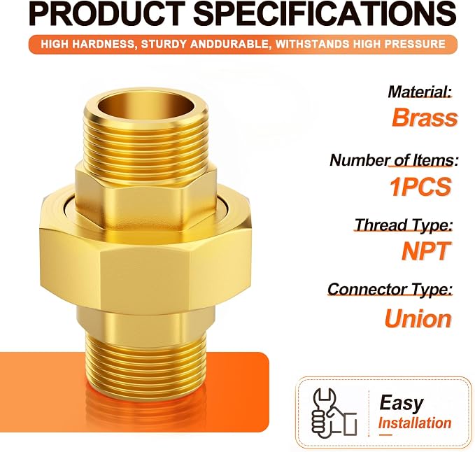 GASHER 1" MNPT Brass Union Pipe Fitting | 1 Inch Male x 1 Inch Male Thread - Image 2
