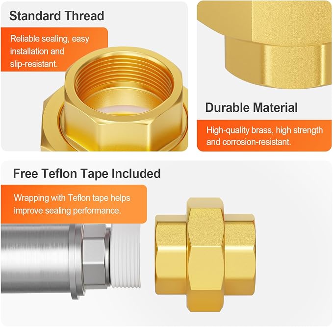 GASHER 3/4" FNPT Brass Union Pipe Fitting | 3/4 Inch Female x 3/4 Inch Female - Image 4